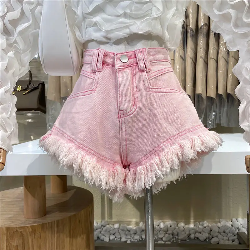 Ripped Tassel Edge Pink Denim Shorts Woman 2022 Summer New High Waist Wide Leg Slimming Fashion All-Match Jeans Hot Pants levis 501