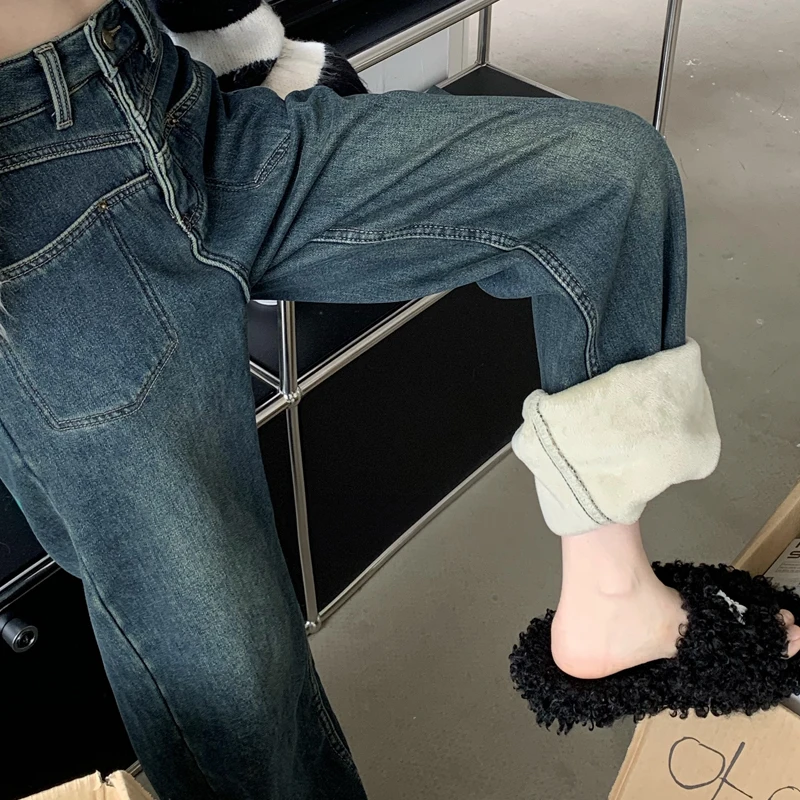 Thick Velvet Baggy Jeans For Women Y2k High Waisted Winter Thermal Wide Leg Pants Female Keep Warm Denim Trousers Retro Blue