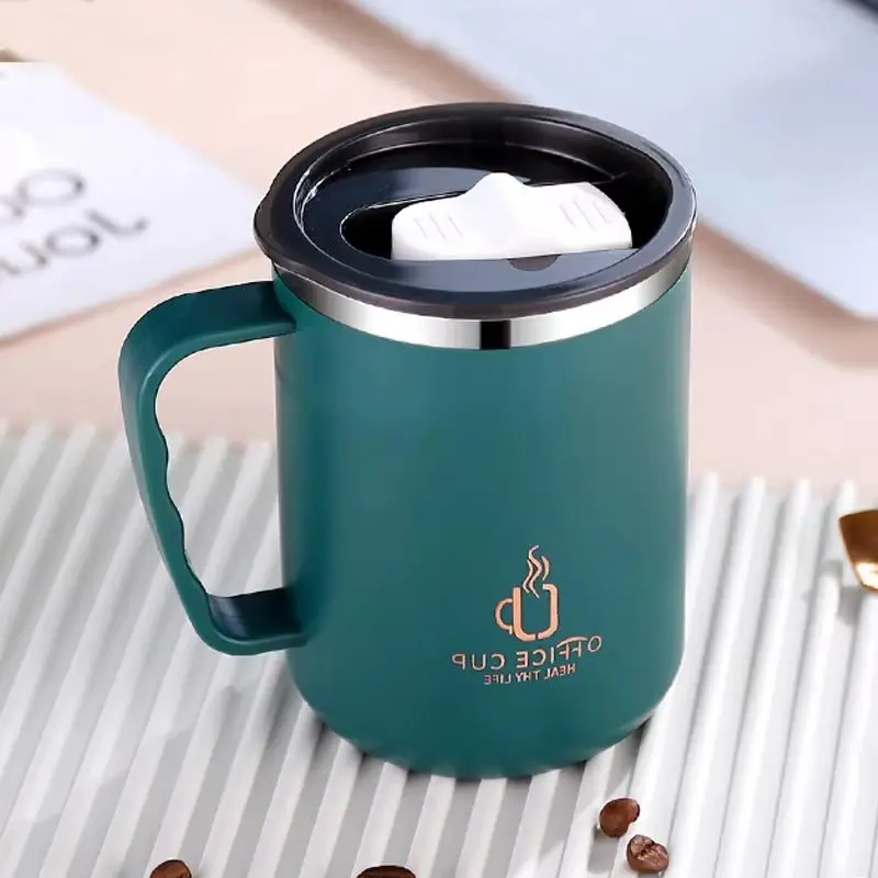 Stainless Steel Cup Water Bottle Double Layered Coffee Mug Milk Cup with Plastic Lid Handle For Insulated Temperature Control