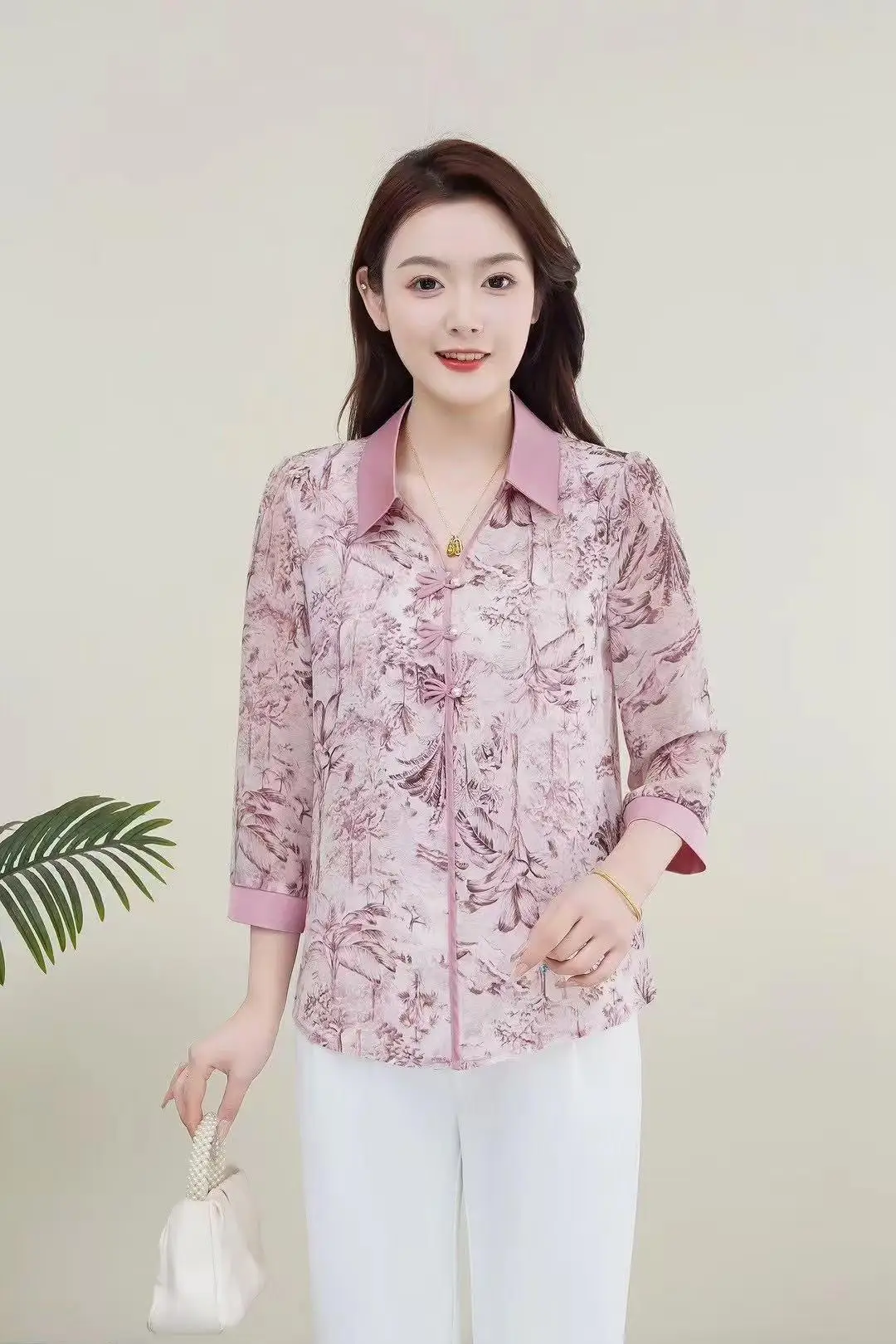 المرأة الحد من العمر قميص صيف جديد 3/4 كم قميص مطب...