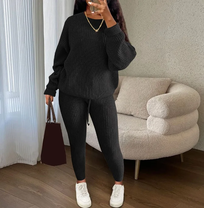 Autumn Winter Women's Casual Two Pieces Knitted Sweater Top and Drawstring Tight Pants Set fashion Female Matching Suit Set