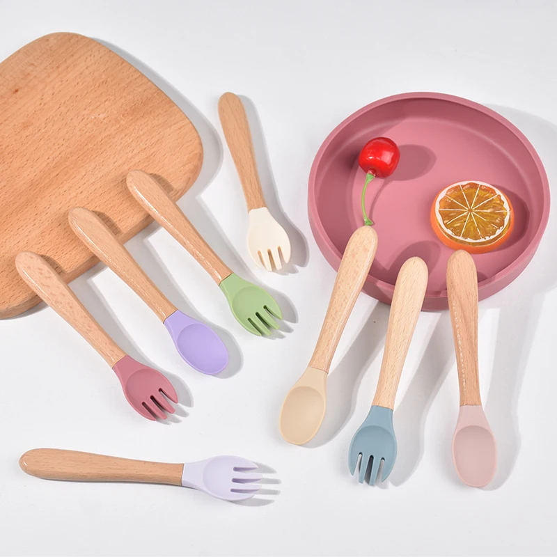 Baby Fork&Spoon Set Soft Silicone Head with Non-Slip Wooden Handle BPA Free Dishwasher Safe Ideal for Toddler Meals (6+ Months) 6