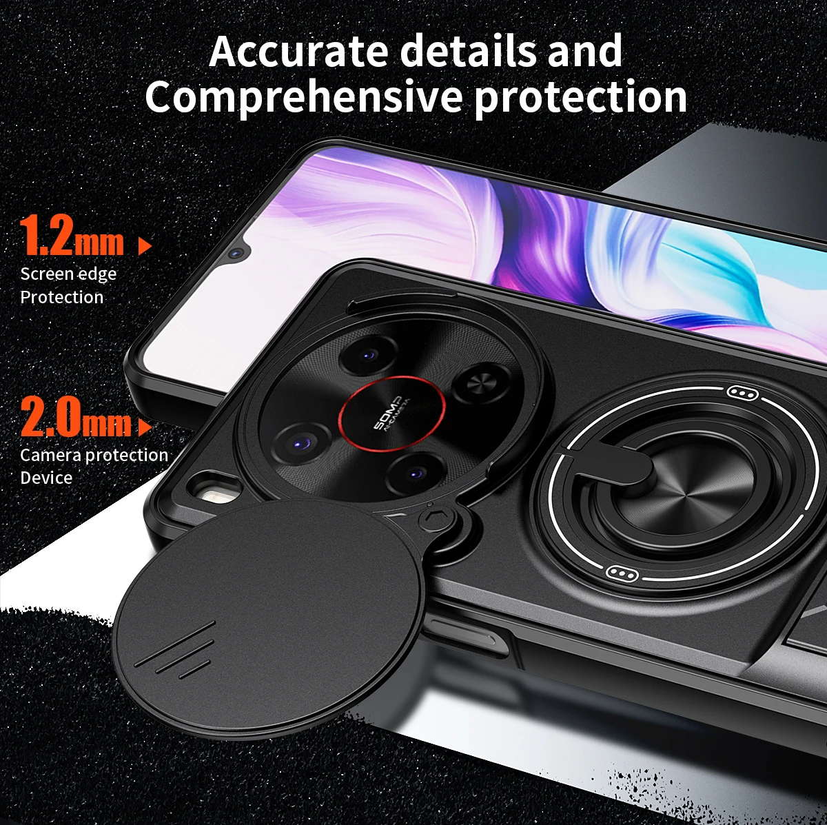 Enhanced Protective Phone Case with Slide Cover and Rotating Magnetic Ring Holder