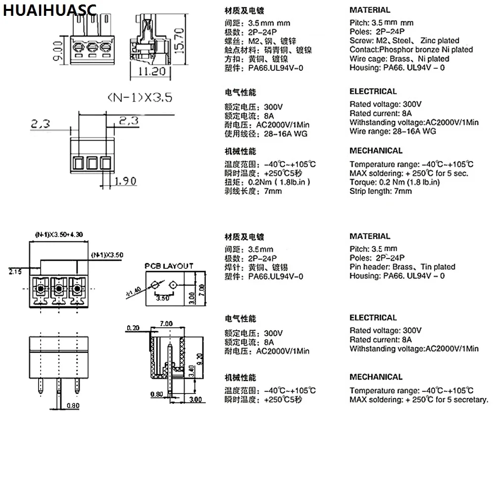 10Sets 3.5mm Pitch 15P 15 Pin Poles Way Female and Male Straight Screw Pluggable Terminal Block Plug Cable Connector 300V 8A