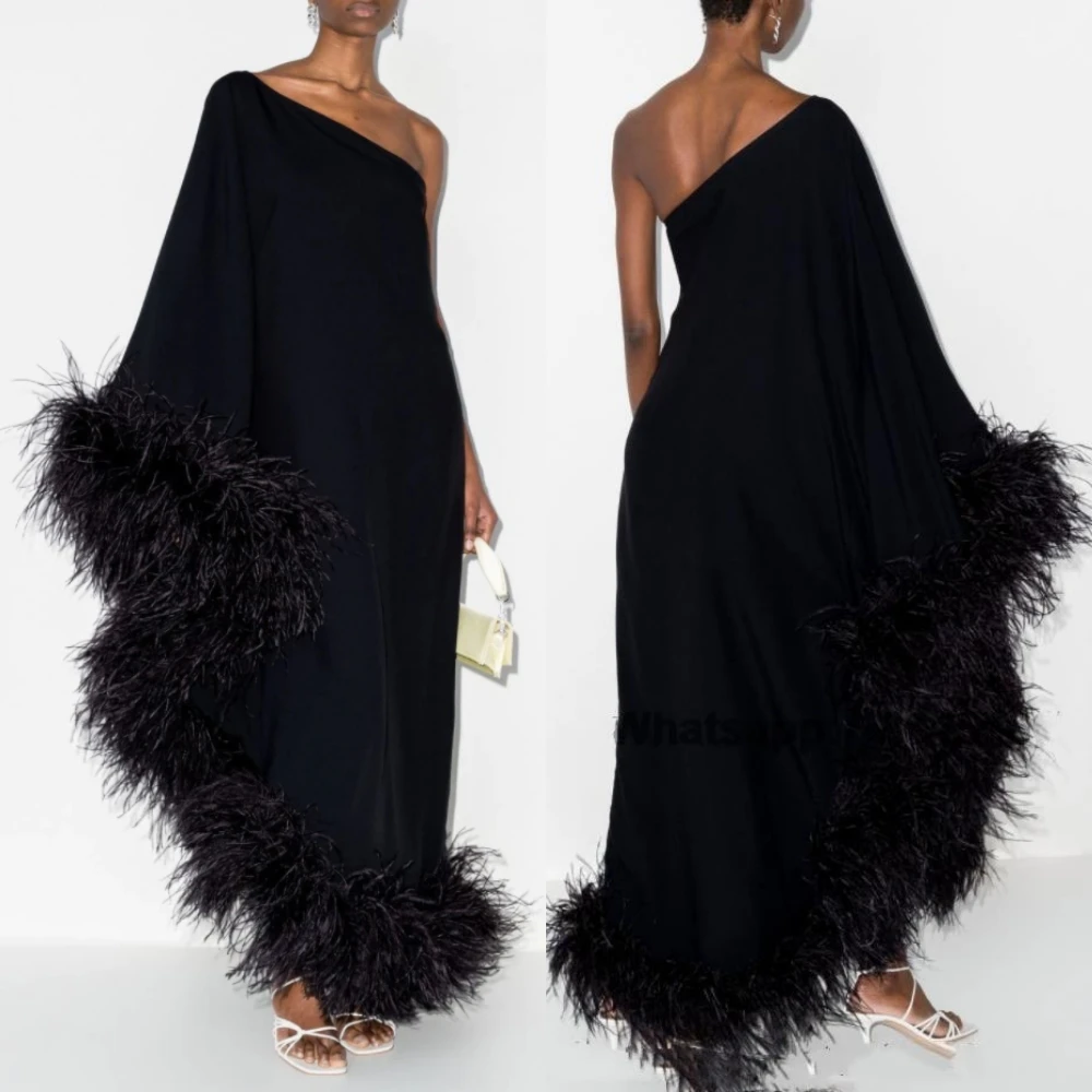 prom dress satin feather christmas a line one shoulder bespoke occasion dress ankle length saudi arabia Prom Dress Saudi Arabia Satin Feather Wedding Party A-line One-shoulder Bespoke Occasion Dress Floor Length