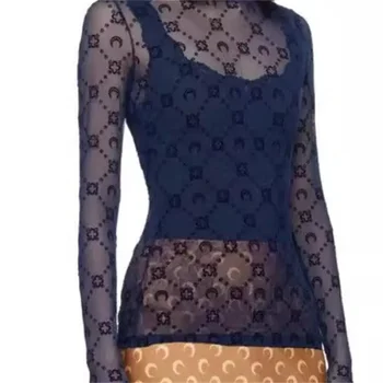 Sexy Women Y2K Tulle Mesh Long Sleeve Top Moon Flocked Sheer Blouse Casual Thin T Shirt Fashion Blusas 1