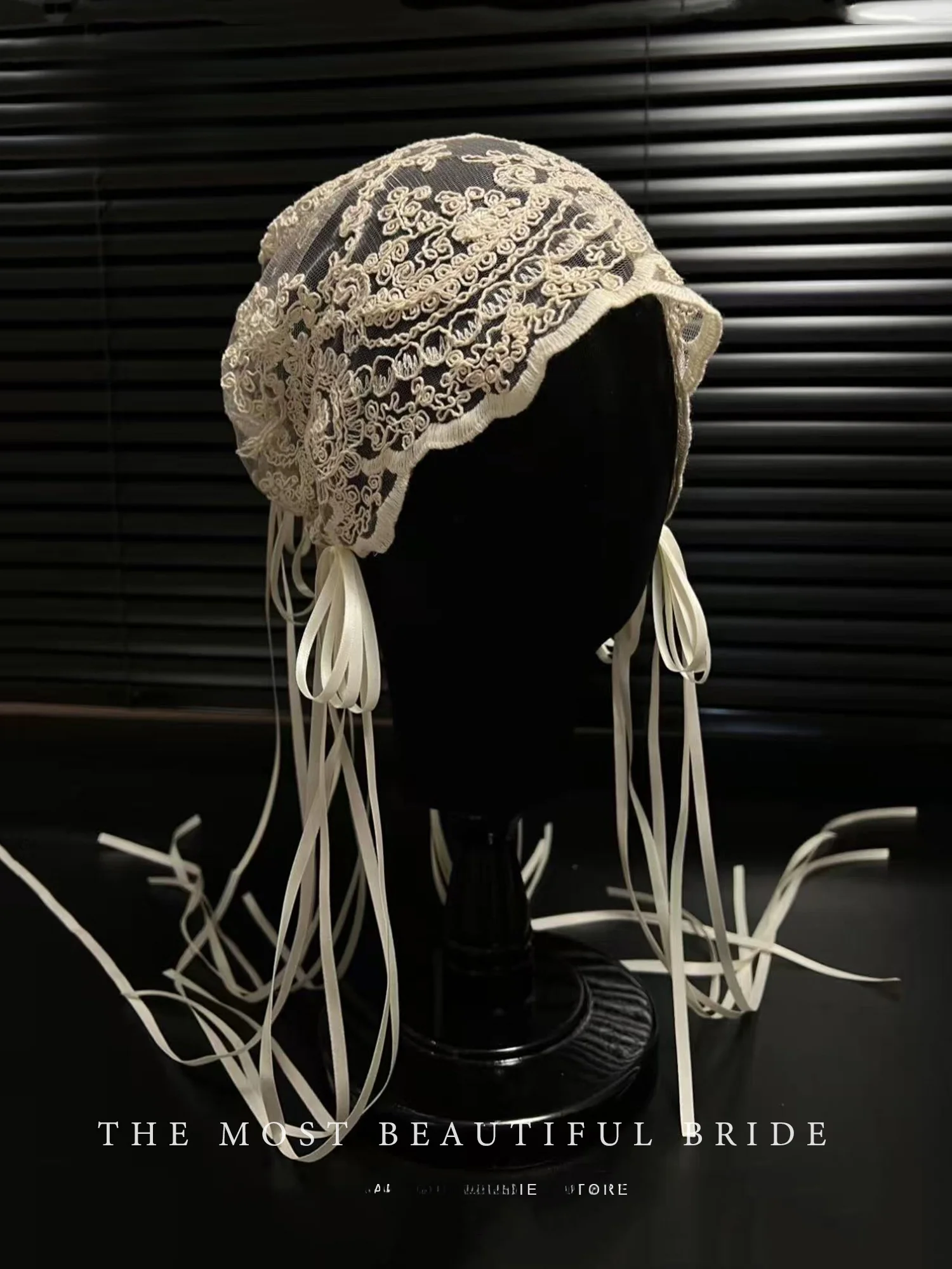 Bridal Vintage Lace Headpiece Veil Headscarf  Knot Hair Accessory Morning Robe Wedding Dress Accompanying Accessories - 2