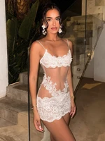 Femme vêtements Spaghetti sangle maille dentelle Patchwork fête Club robe femme Sexy transparent sans manches robes de soirée courtes 1