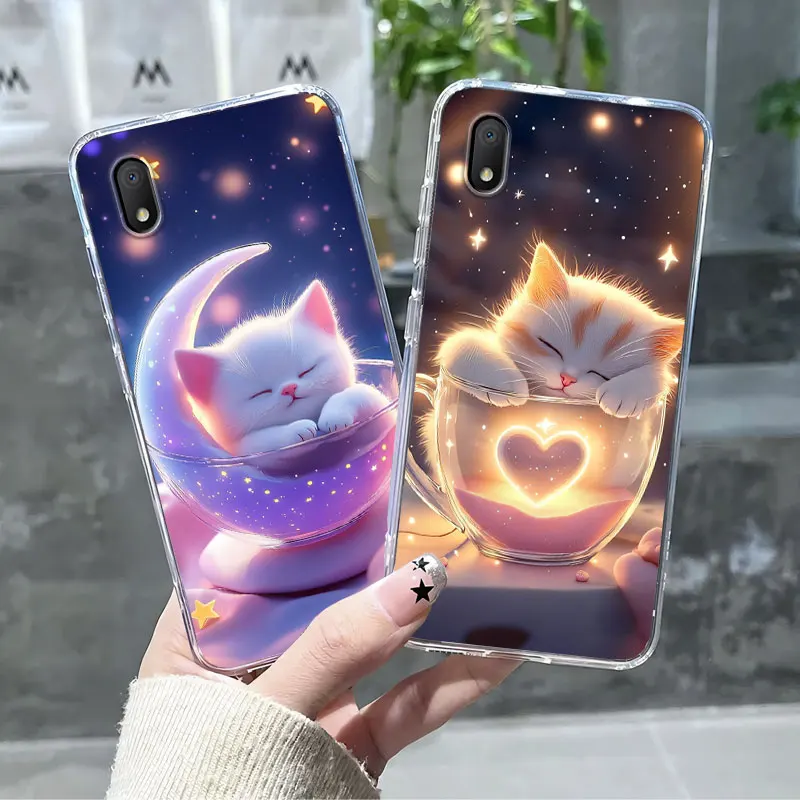 Marble Clear Soft Silicone Phone Case with Cat and Floral Design