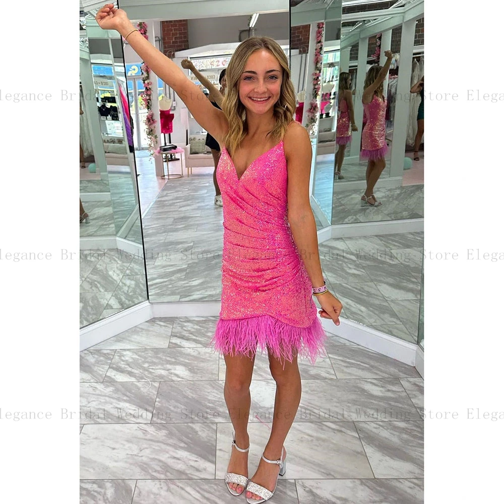 

Fuchsia Sequin Mermaid Cocktail Party Dresses for Wedding Mini Spaghetti Straps Evening Dress with Feathers Short Vestidos