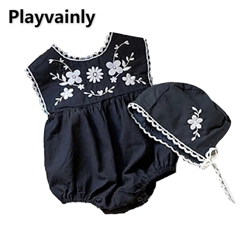 

Pre-sale Summer Baby Girl Clothes Floral Round Collar Blue Apricot Sleeveless Pullover Bodysuit with Cap Newborn Clothing E9222