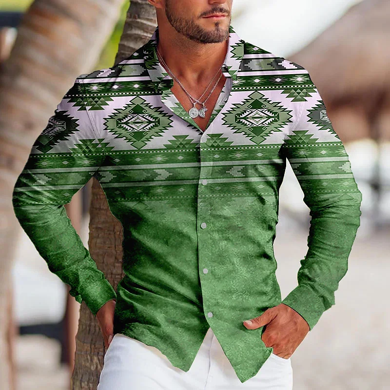 Mens Dress Shirt Men Fashion Vintage Tribal Party Clear Graphic Lapel Button Down Casual Tops