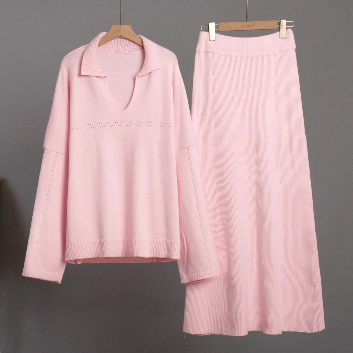Autumn 2 Piece-Set Maxi Skirt Female V-Neck Loose Patchwork Fashion Pullover And Long Skirt Sets Elegant Ladies Outfits