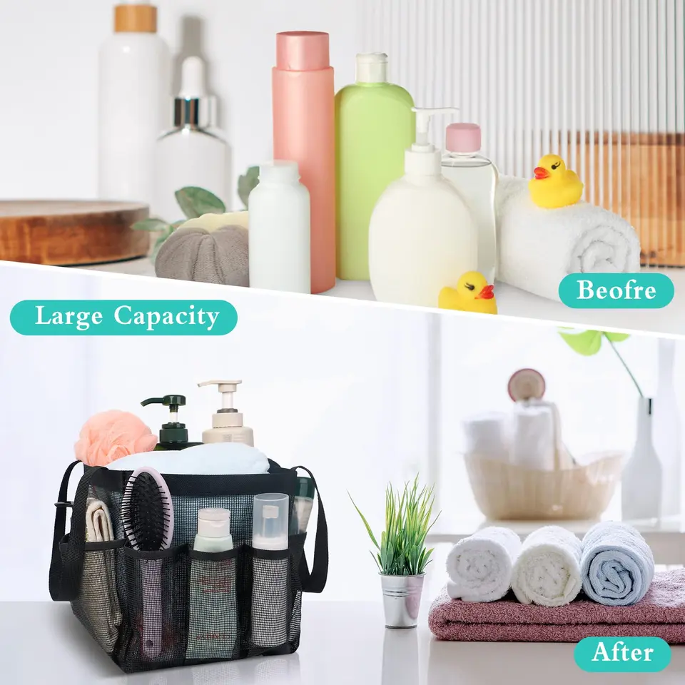 KAKULO Portaoggetti Doccia Portatile In Rete - 8 Tasche Grande Capacità - Borsa Organizer Per Spiaggia, Palestra, Università - Colore Nero