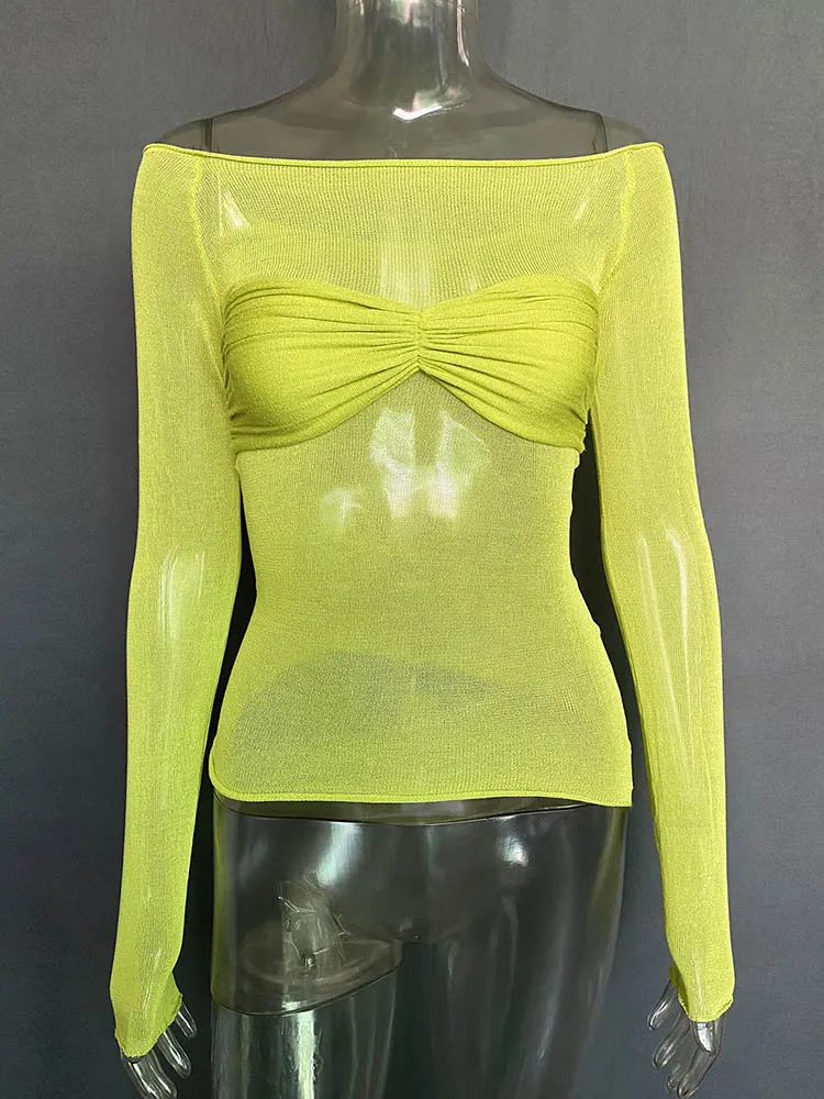 Sexy Long Sleeve Shoulder Gauze T-shirts Women Slim Solid Versatile T-Shirt 2025 Spring Female Fashion Off Shouler Tops