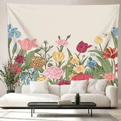 Beautiful Flowers Tapestry Wall Hanging Botanical Celestial Floral Wall Tapestry Hippie Wall Carpets Dorm Decor Picnic Mat