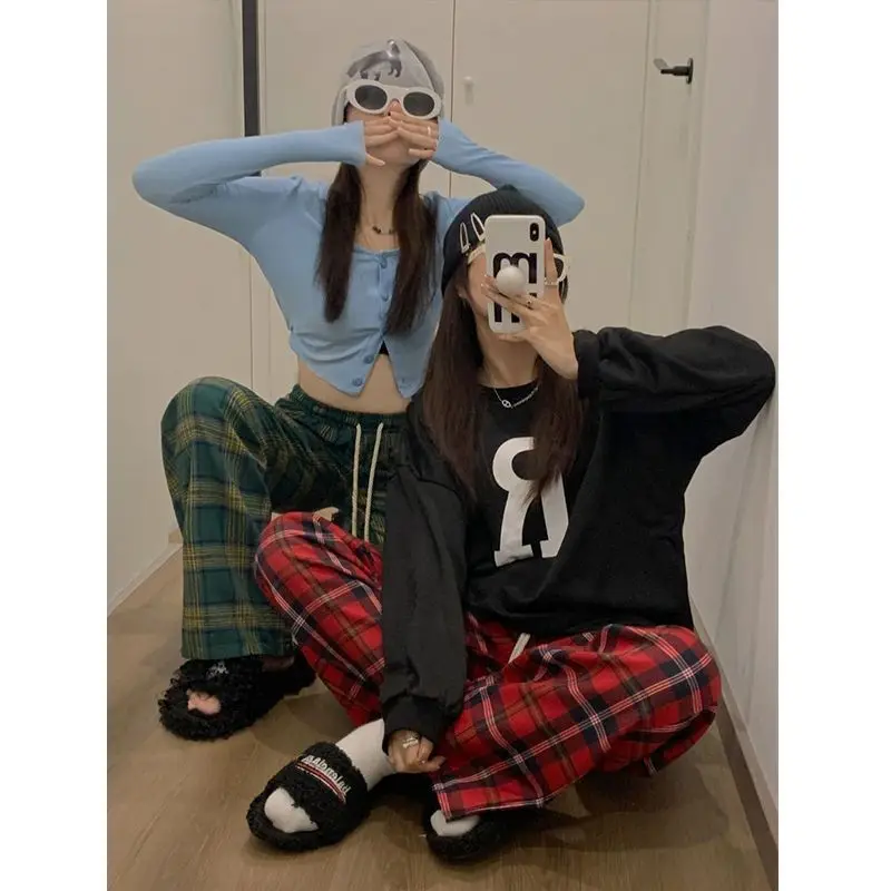 Spring Autumn New Elastic Waist Lacing Wide Leg Pants Plaid Loose Plus Size Straight Sports Pants Vintage Casual Women Clothing