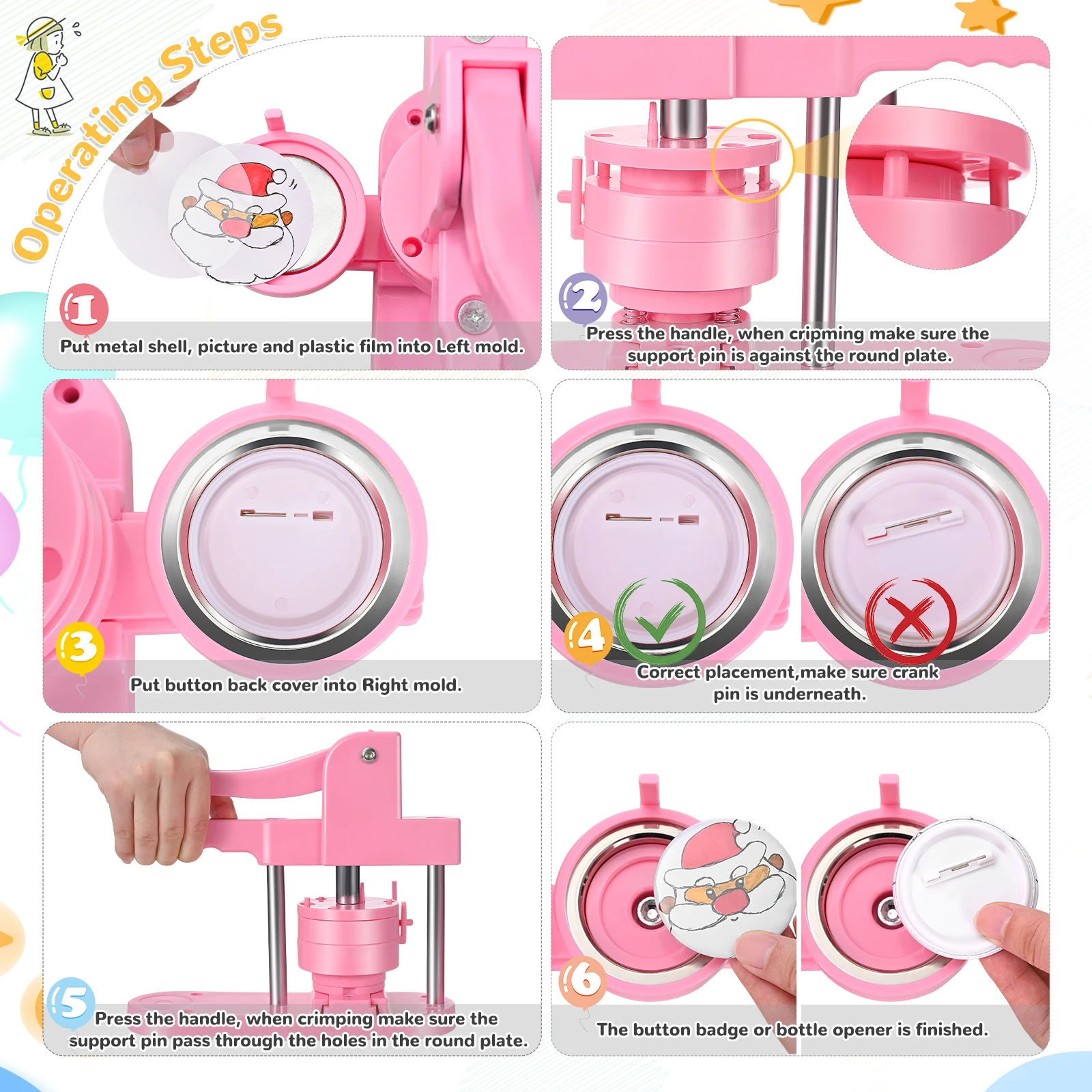 Máquina de fazer crachá de botão rosa Molde, Pin Press Machine, 300 conjuntos de suprimentos, 2 cortador redondo, presente infantil, 32mm, 58mm
