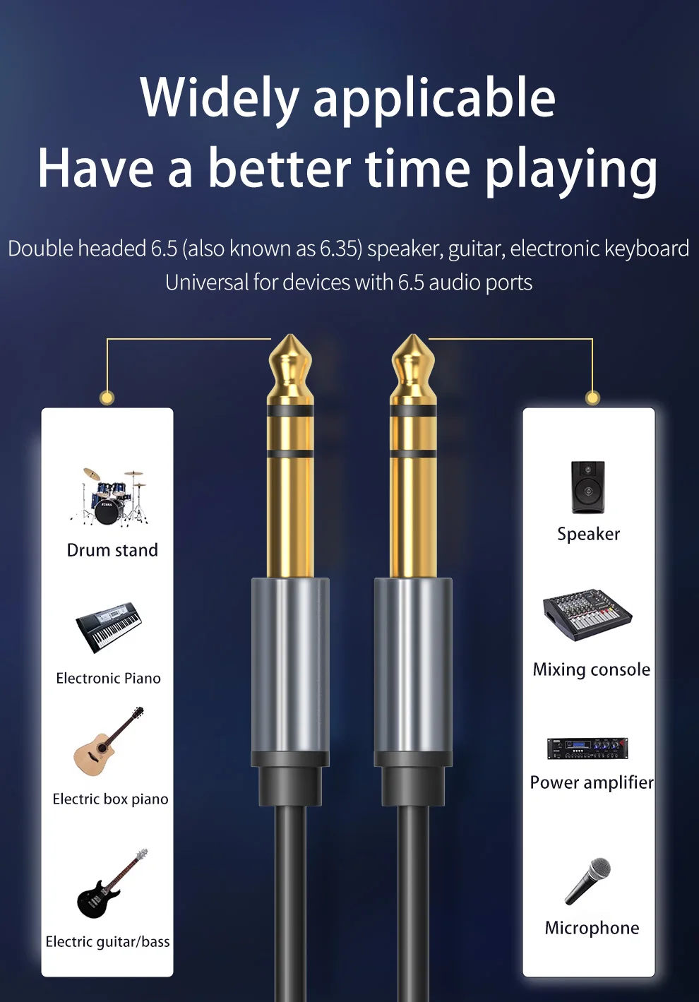 Premium Audio Cable - 6.5mm Jack for Guitar, Mixer, and Speaker - Available in 1m, 3m, 5m Lengths