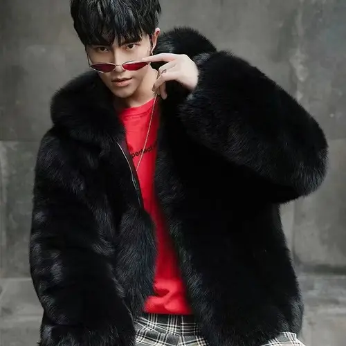 2024 New Winter Thicken Men's Fur Warm Soft Artificial Fox Plush Hoodies with Hat Fashion Light Luxury Top Coat Male Windbreaker - Image 7
