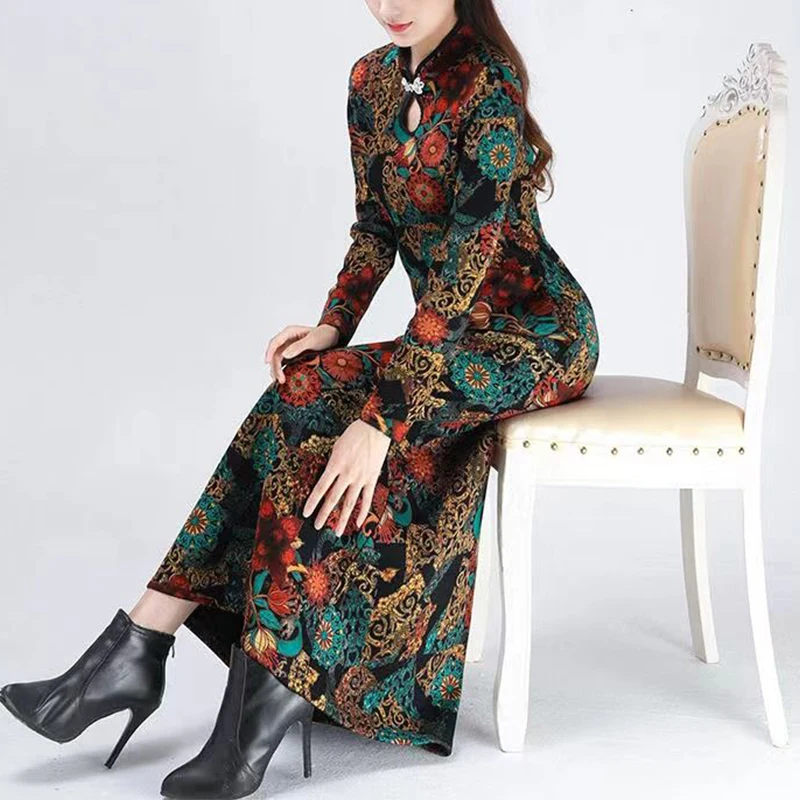 

Autumn Winter Chinese Style Standing Collar Vintage Printed Robe Femme Long Sleeve Elegant Fashion Vestido Women Add Plush Dress