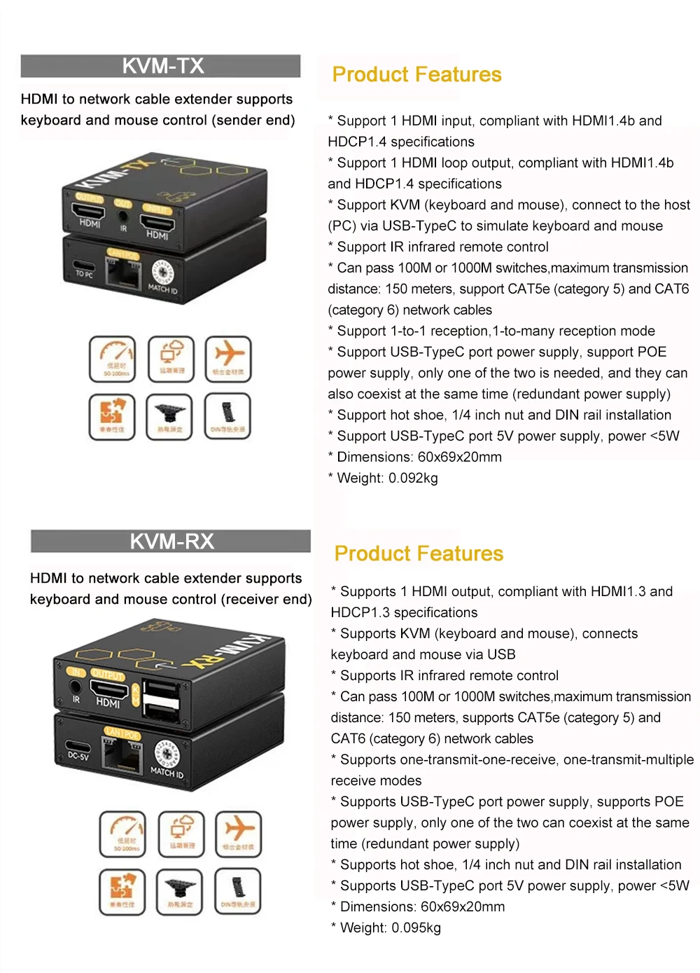 Link Pi KVM-TX/RX HDMI Network Cable Extender Audio Video To RJ45 Network Port K