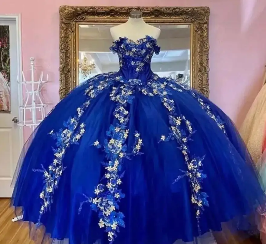 

Gorgeous Royal Blue Quinceanera Dresses Beaded Flowers 3D Flora Puffy Ball Gown Evening Prom Dresess For Sweet 15 Teens Dress