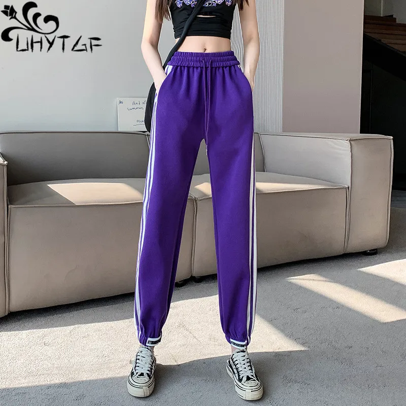 

UHYTGF Harun Sweatpants Women's Spring New Elastic Waist Lace-Up Fashion Striped Splicing Bundle Feet Casual Women's Pants 206