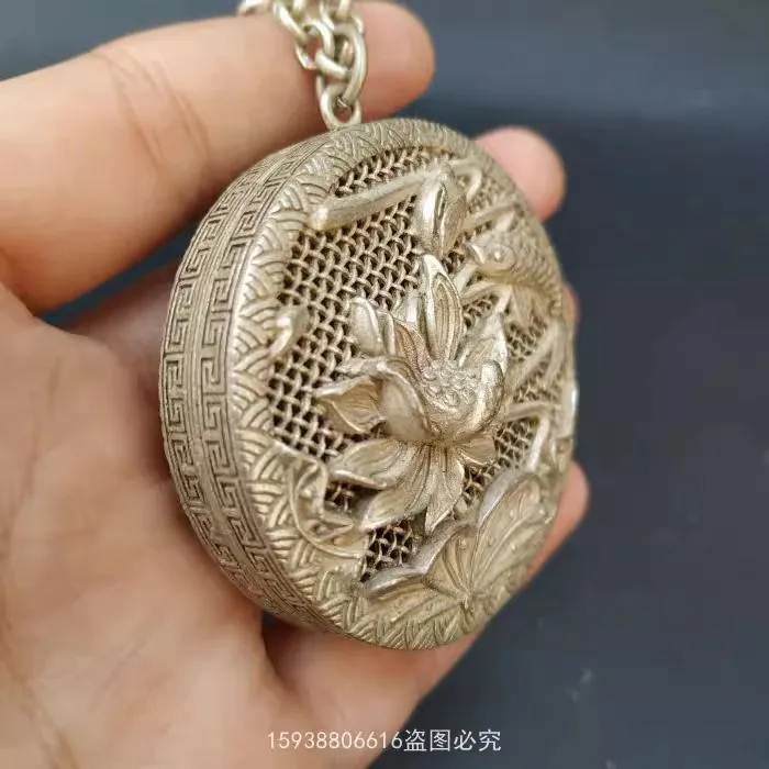 Vintage Miao Silver Carp Lotus Hollow Chain Jewelry 6