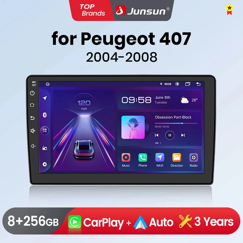 Radio para Auto Junsun con CarPlay Inalámbrico y Android Auto para Peugeot 407 2004-2011, 2 DIN, Multimedia Estéreo con Ventilador Integrado, Navegación GPS, SWC, Bluetooth, FM, RDS, DSP, Pantalla IPS, Sistemas Inteligentes para Auto, 4G, WiFi, 8 Núcleos, Plug&Play 1