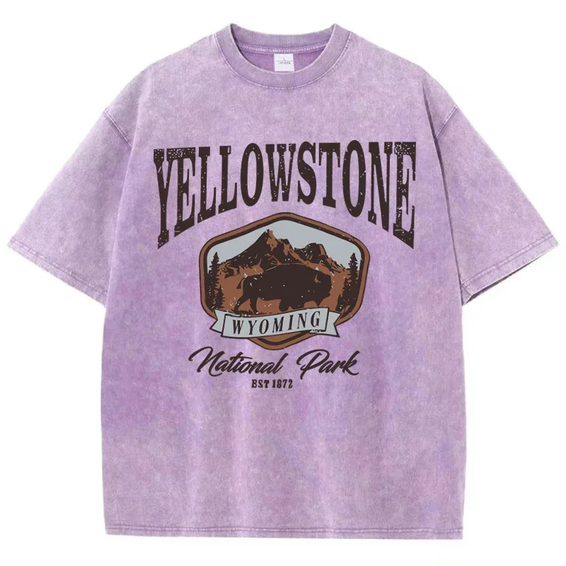 Herren- und Damen-T-Shirts aus gewaschener Baumwolle, Yellowstone Park Buffalo, Grafikdruck, Rundhalsausschnitt, kurze Ärmel, Sommer-Freizeitoberteile – Detail 11