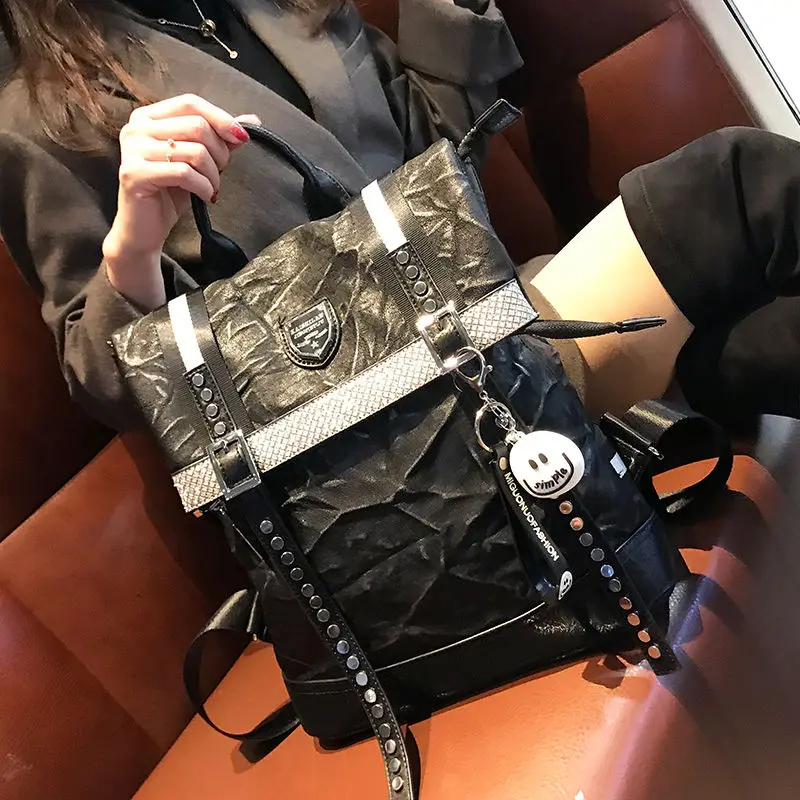 Double Shoulder Bag Women's Fold Rivet Sheepskin Large Capacity Backpack European American Retro Locomotive Fashion Schoolbag