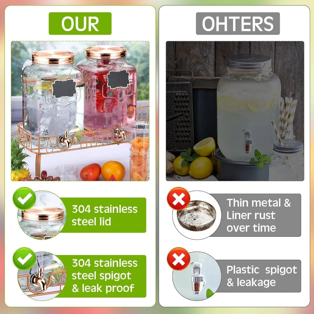 3 pcs 2 gallon glass drink dispenser with stand and lid mason jar beverage dispenser with stainless steel spigot, hanging chalk