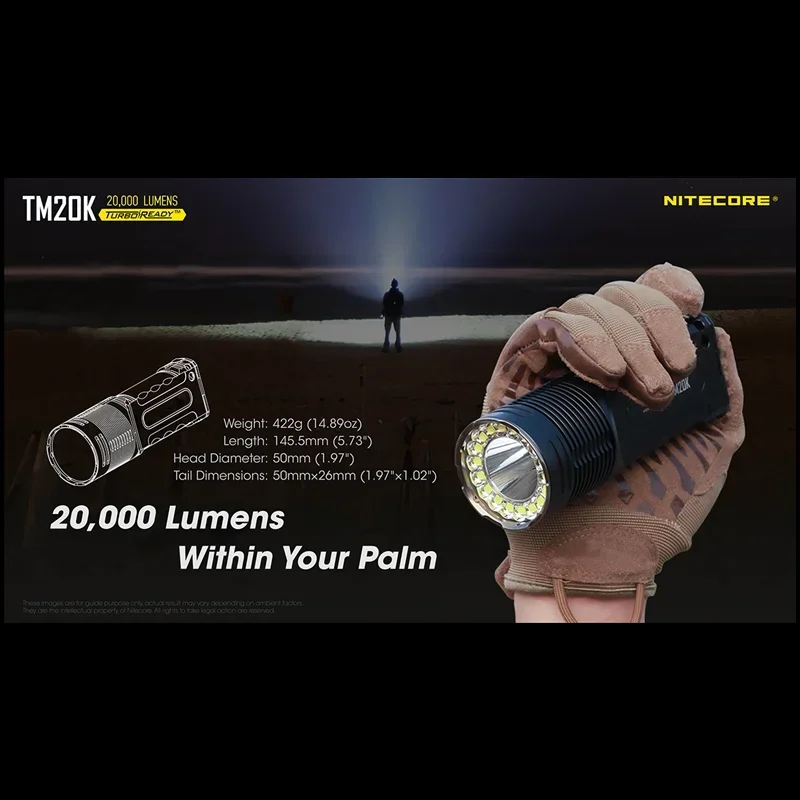 NITECORE 전술 손전등, 20000 루멘, 19 x CREE XP-L2 LED, USB 충전식 내장 배터리, 서치라이트 스포트라이트, TM20K