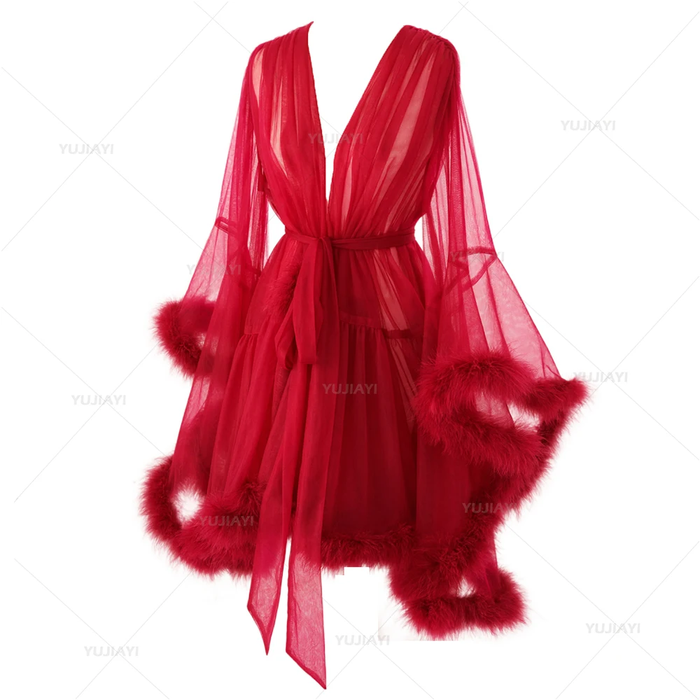 

Women Feather Bathrobe Short Sexy Feather Wedding Scarf Illusion Tulle Nightgown Robe Perspective Sheer Bathrobe Sleepwear Dress