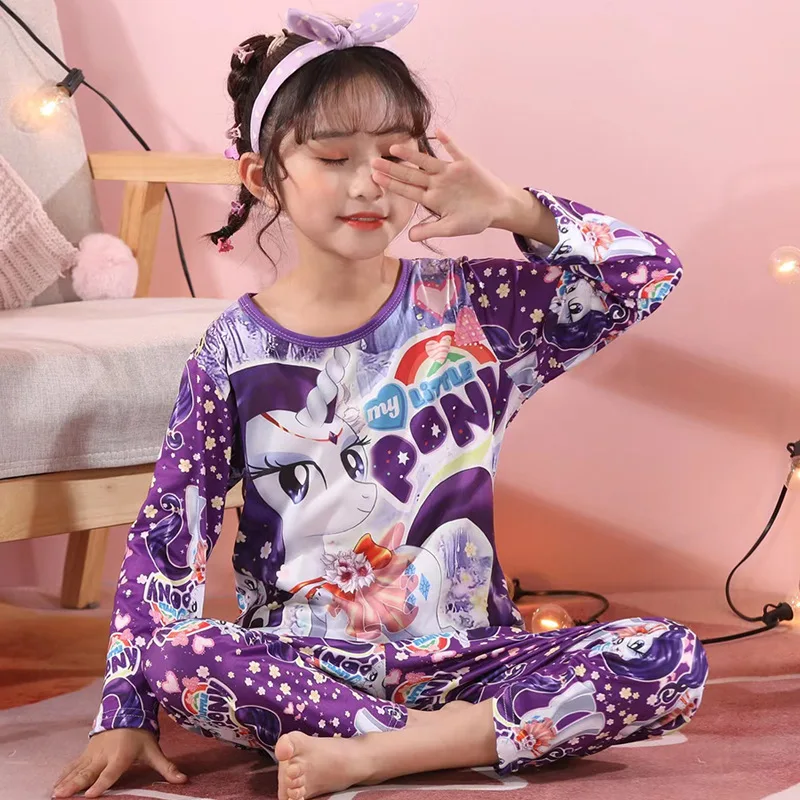 Girls Unicorn Milk Silk Pajamas Summer Long Sleeve Children's Sleepwear Pyjamas Sets For Kids