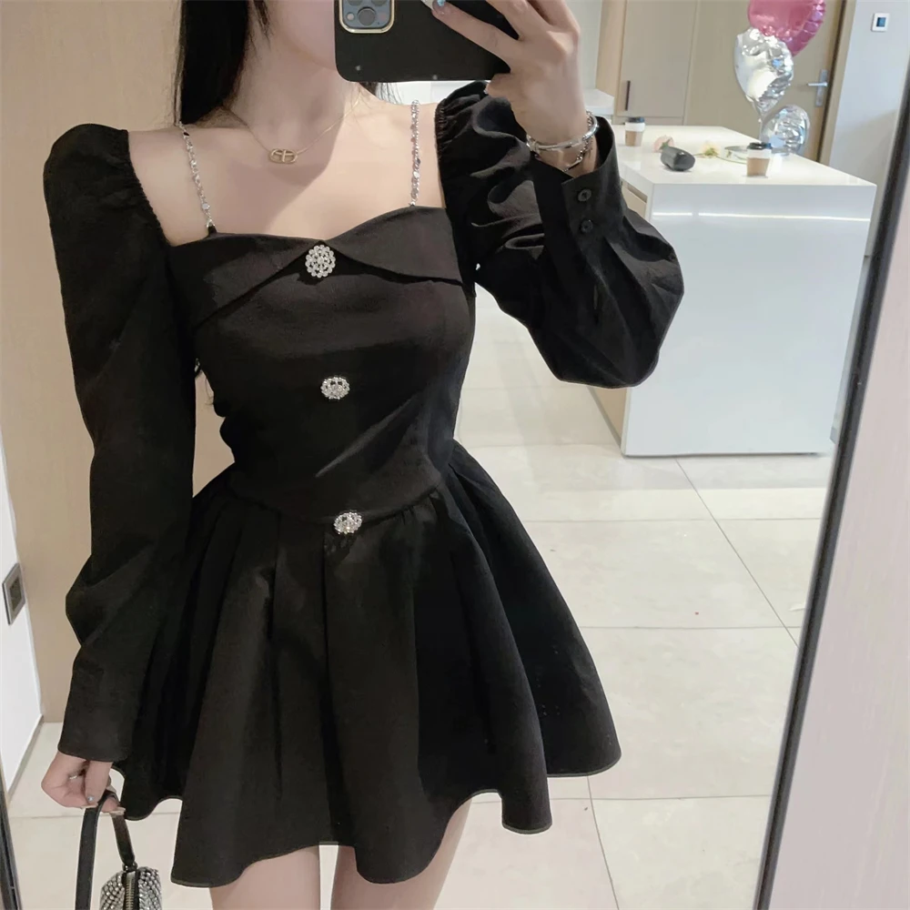 Korean Style Solid Mini Dress Women Long Sleeve Square Collar Spring Fashion High Waist Female Birthday Party Vestidos Mujer