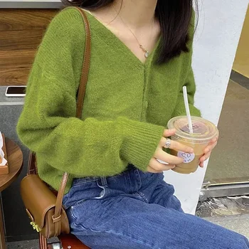 Autumn Fashion V-neck Knitted Cardigan Women Green Long Sleeve Single Breasted Sweaters Casual Knitwear Mujer 1