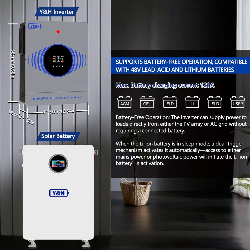 2026 Y&H 6.2KW 4.2KW 하이브리드 태양광 인버터 24V 48V 220V 온/오프 그리드 인버터 배터리 프리 작동 MPPT 120A 태양광 충전기 포함