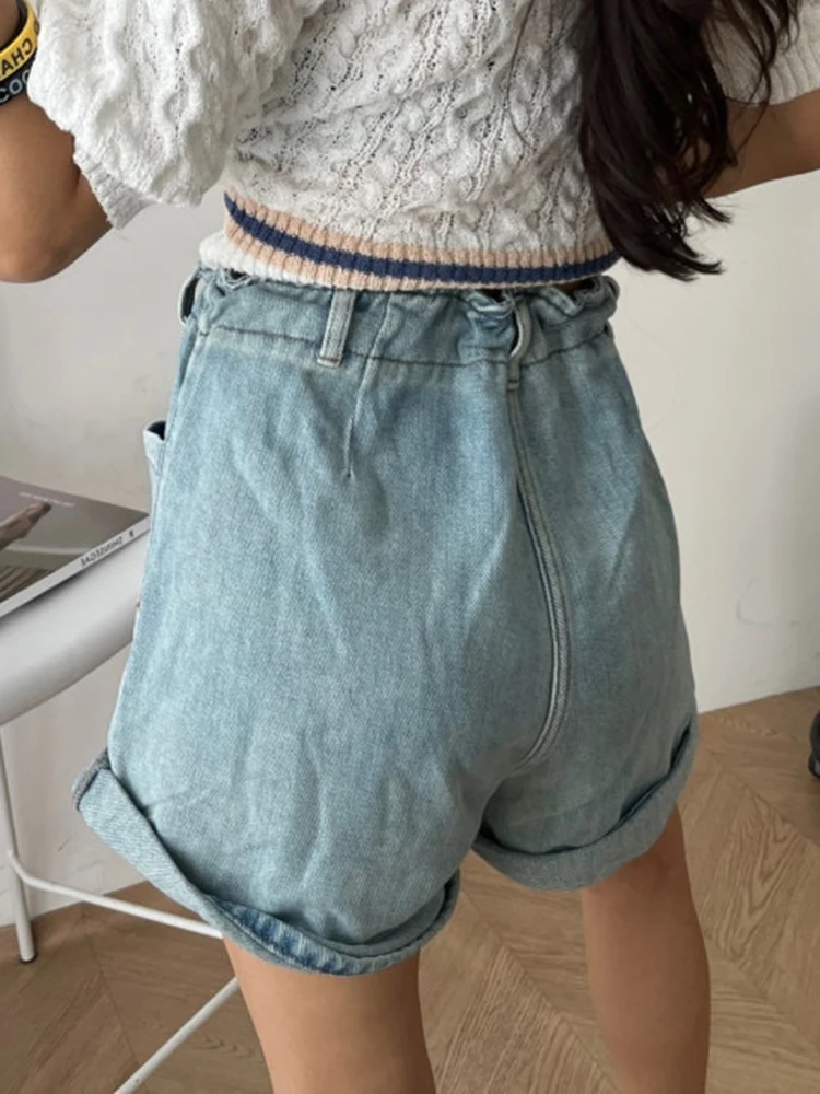 Lace-Up Denim Shorts Summer Women Retro Loose Rolled Blue Denim Shorts Streetwear Female High Waist Button Jeans Shorts Bottoms