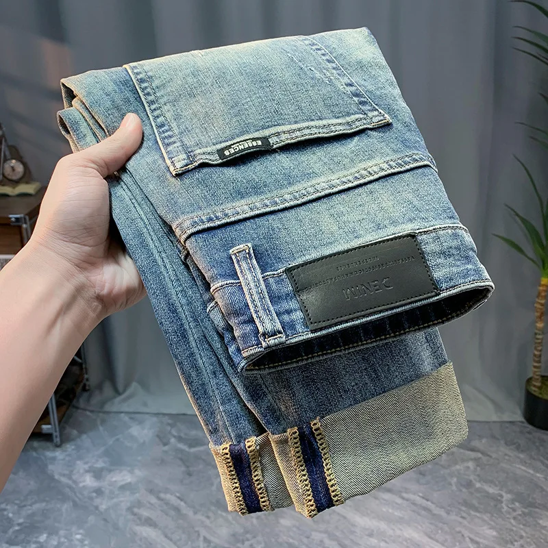 Washed Jeans Men's Spring and Autumn 2024 New Fashion Embroidery Simple Casual All-Match Slim Fit Ankle Tight Trousers