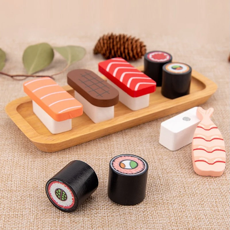 

Kids Kitchen Miniature Food Simulation Sushi 3D DIY Wooden Games Pretend Play Magnetic Toys For Children Kitchen Set