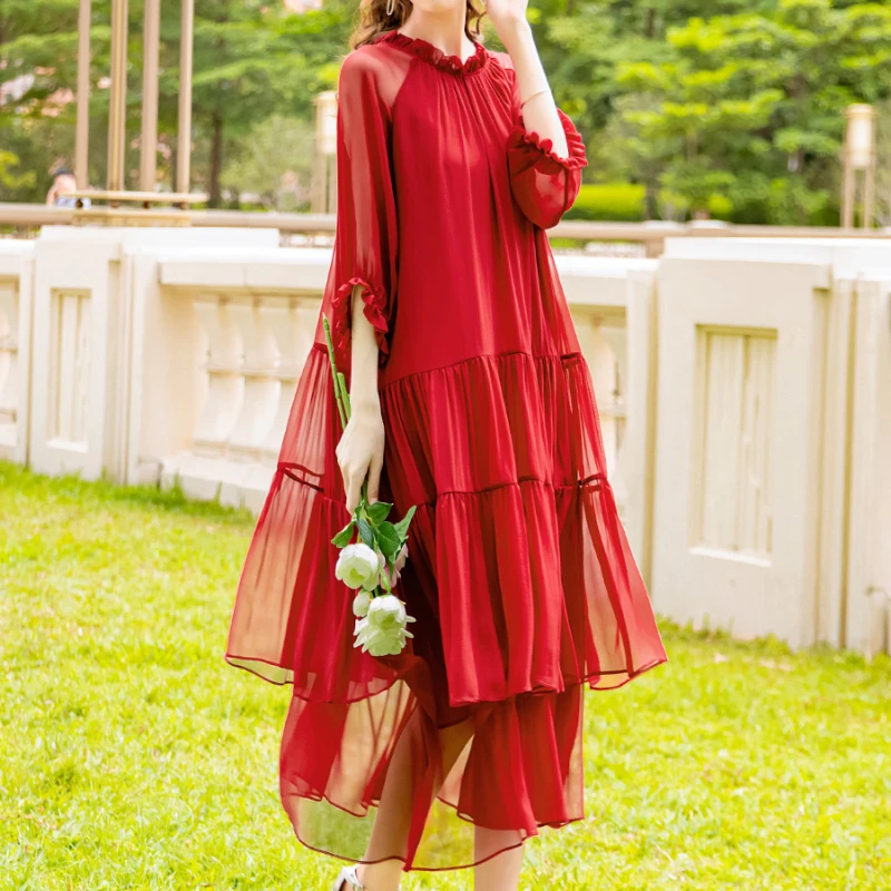 

2023 Women's Real Silk Dress Summer New Red Dresses for Women High-end Elegant Show Thin Dress 100% Mulberry Silk Clothing LM