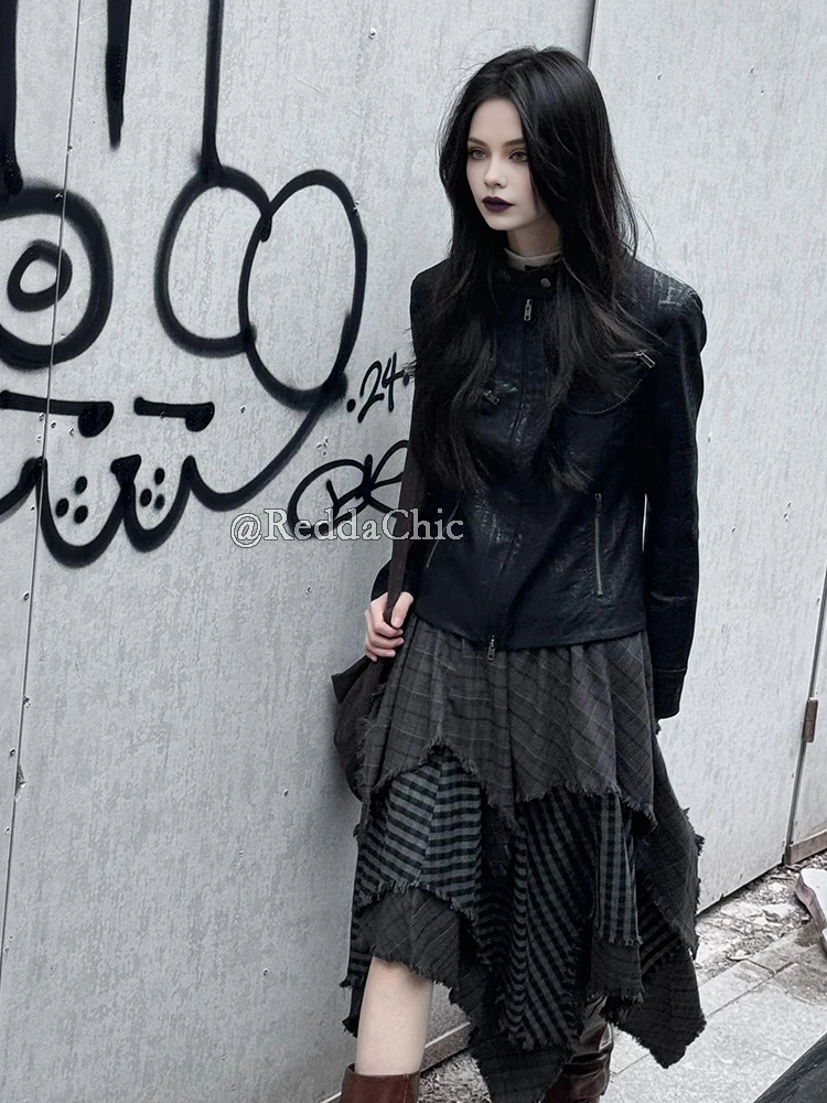ReddaChic Alt Goth Contrast Plaid Skirt Grunge Retro Elastic Waist Raw Edge Irregular Ruffle Long Skirt Plus Size Women Clothes