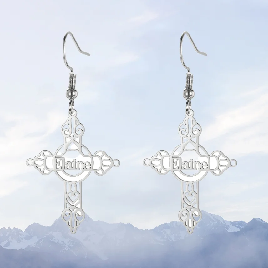 Kkjoy 독특한 맞춤형 십자가 귀걸이, 개인 맞춤형 이름 디자인, 트렌디한 스타일, 신념자들에게 이상적인 독특하고 의미 있는 선물
