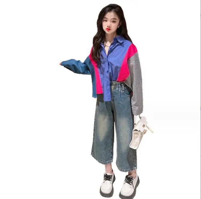 Korea style girls patchwork shirt full sleeve fashion spring girls blouse 4-12t F404 kids shirts