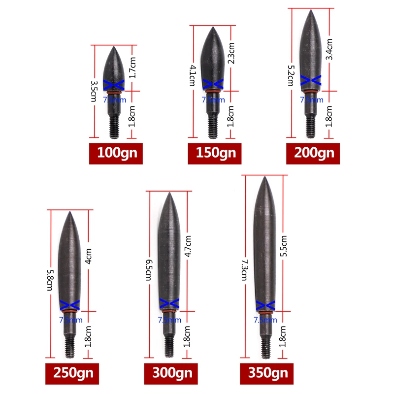 Arrow Point Tips 100 150 200 250 300 350 Grain Broadheads Screw Thread Arrow head for OD7.5mm Shaft DIY archery arrowhead 6pcs