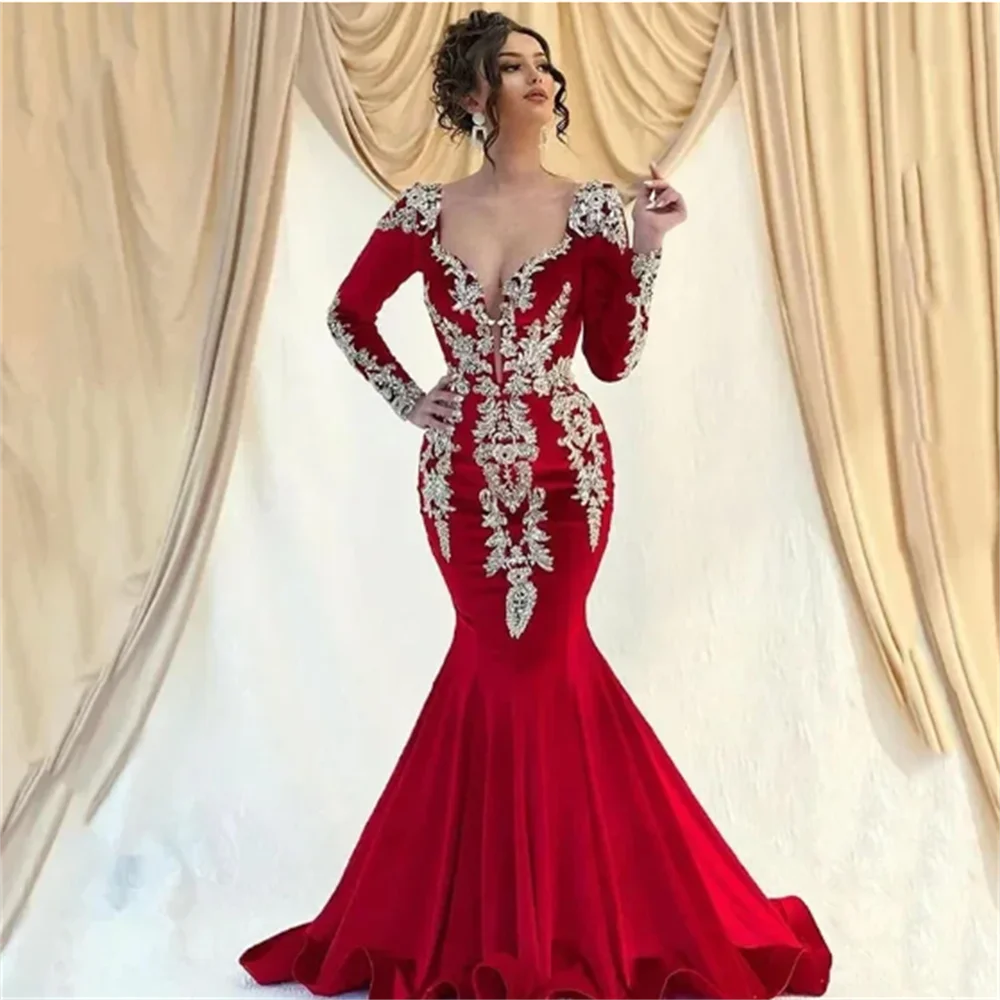 

Luxury V Neck Red Mermaid Evening Dresses Long Sleeves Prom Gowns Formal Celebrity Elegant Robes De Soirée For Women 2024