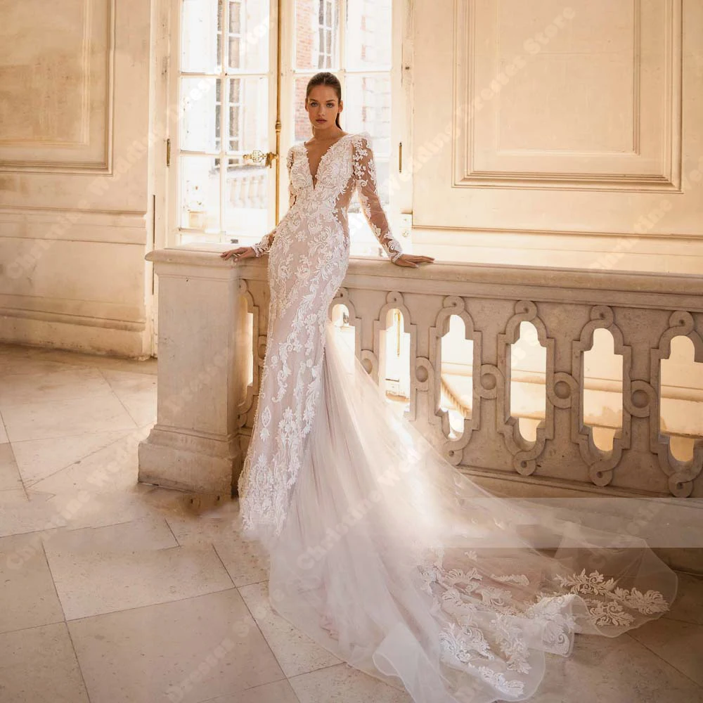 Noble Glitte Women Wedding Dresses Sexy V-Neck Lace Appliques Mermaid Bridal Gowns Long Sleeves Backless Ball Dresses Customized 3