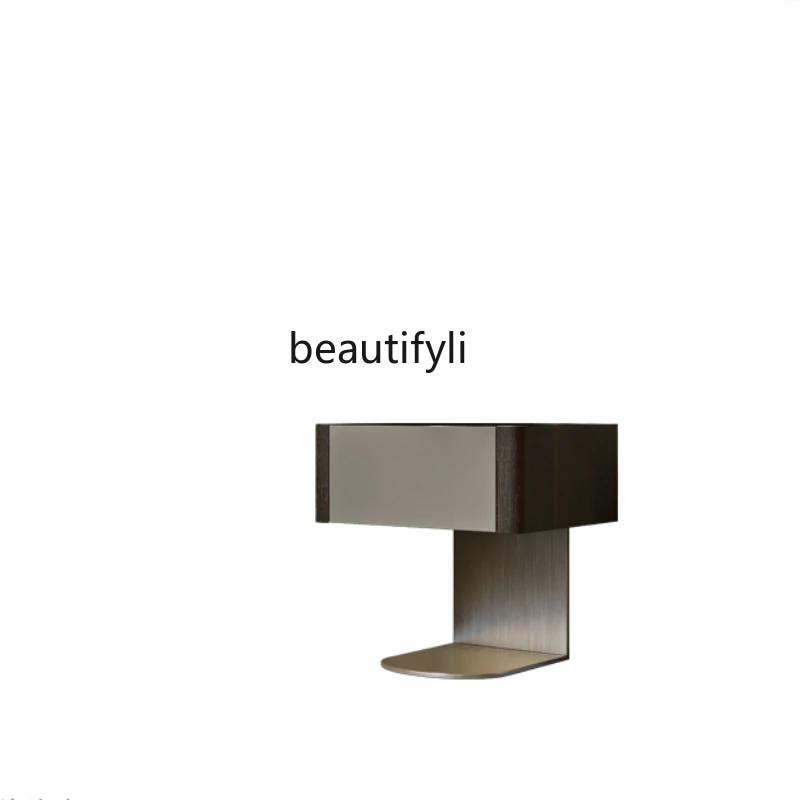 

Italian Minimalist Light Luxury Bedside Table Bedroom Suspension Small Apartment Solid Wood Stone Plate Square Bedside Cabinet